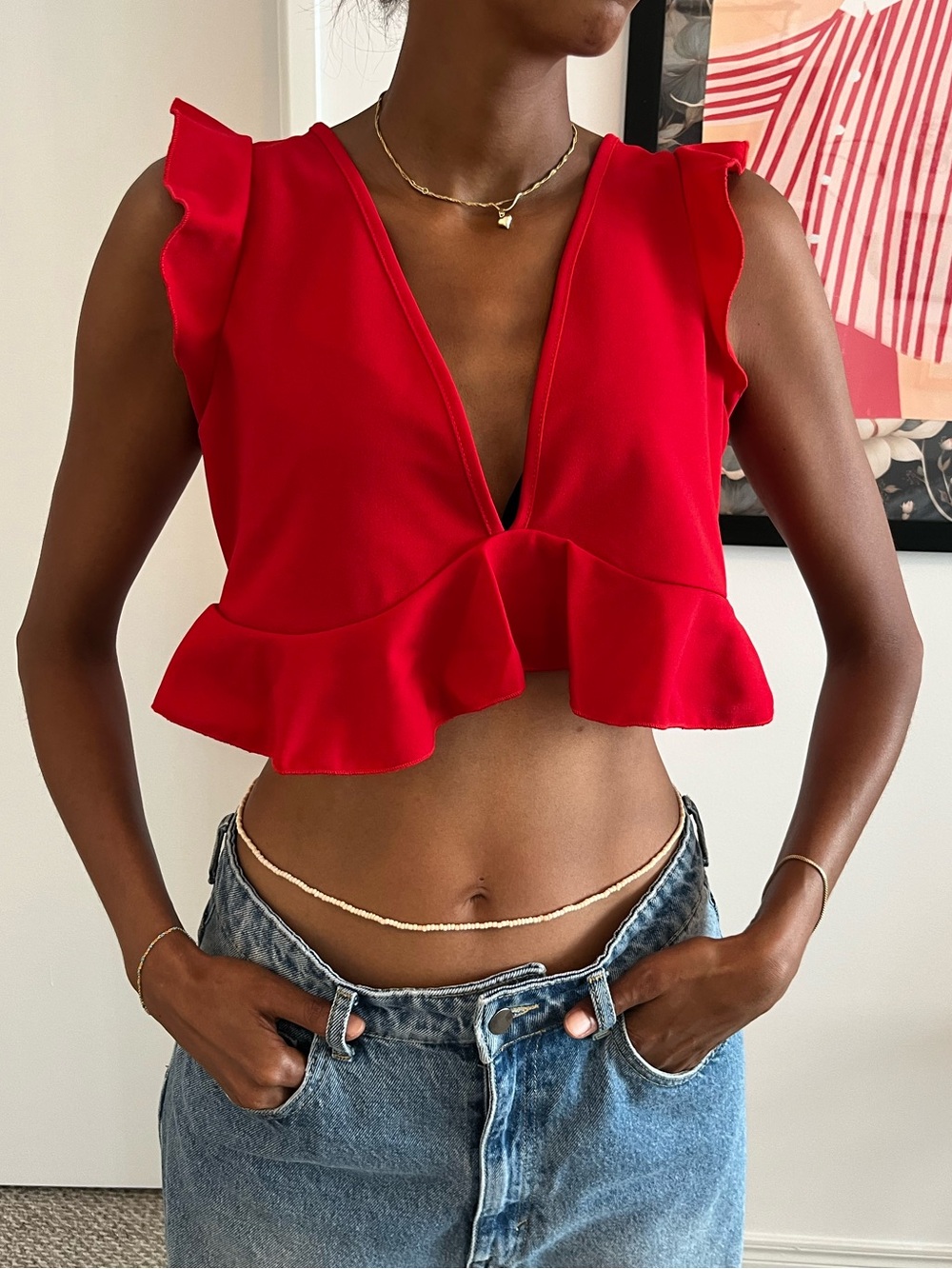 Red V neck crop top M